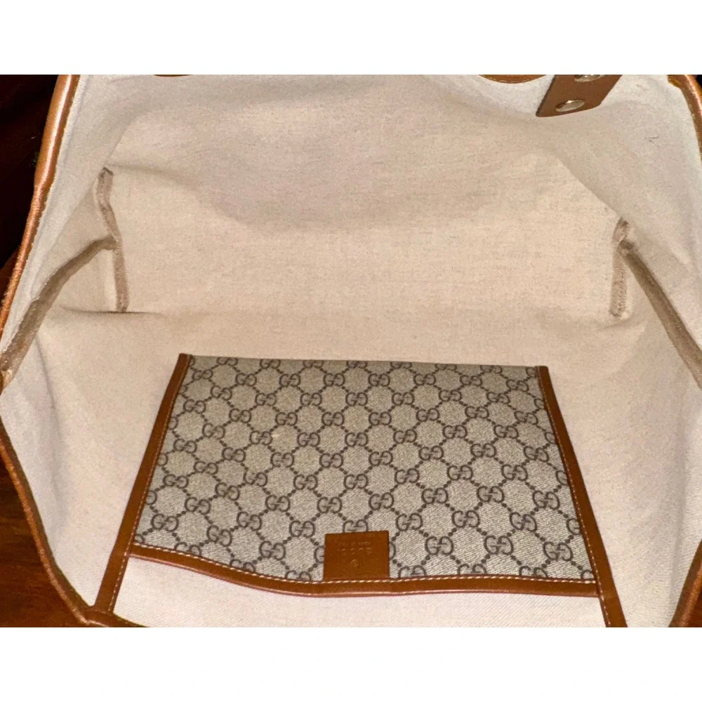 Gucci GG Supreme Tote Bag Monogram Canvas Brown Leather Web Detail 211134